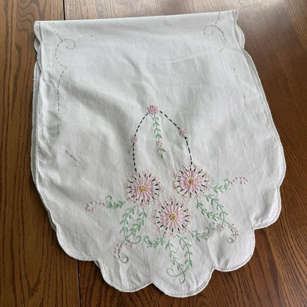 Vtg Embroidered Crochet Dresser Scarf Table Runner Flower Floral 40